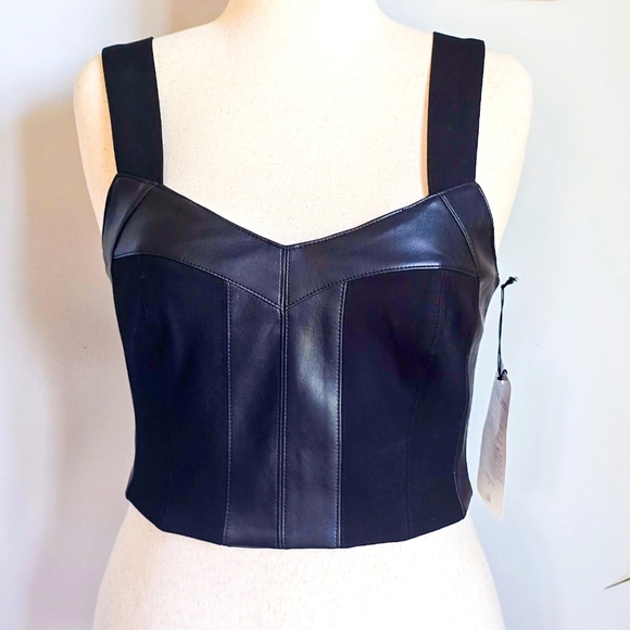 CAbi, New, Jet Black Bralette Faux Leather Ponte Knit Stretch Top Size Medium - Picture 1 of 12